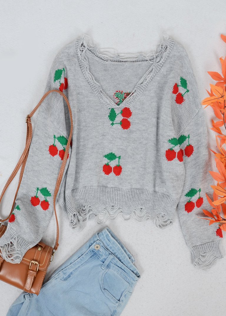 Tassel Frayed Hem Patterned Sweater - Gray