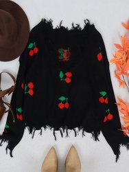 Tassel Frayed Hem Patterned Sweater - Black