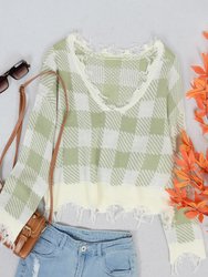 Tassel Frayed Hem Patterned Sweater - Green
