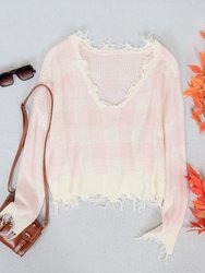 Tassel Frayed Hem Patterned Sweater - Pink