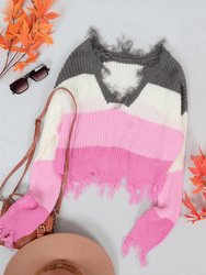 Tassel Frayed Hem Patterned Sweater - Mauve Pink