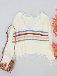 Tassel Frayed Hem Patterned Sweater - White