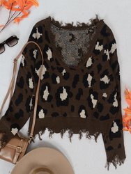 Tassel Frayed Hem Patterned Sweater - Brown