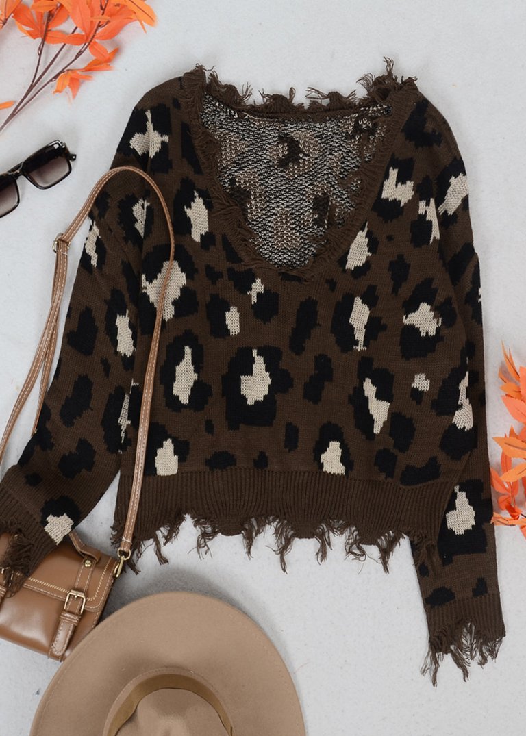 Tassel Frayed Hem Patterned Sweater - Brown