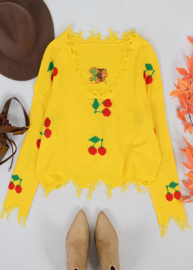 Tassel Frayed Hem Patterned Sweater - Yellow