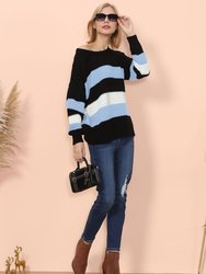 Textured Knit Striped Sweater - Light Blue