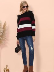 Textured Knit Striped Sweater - Burgundy