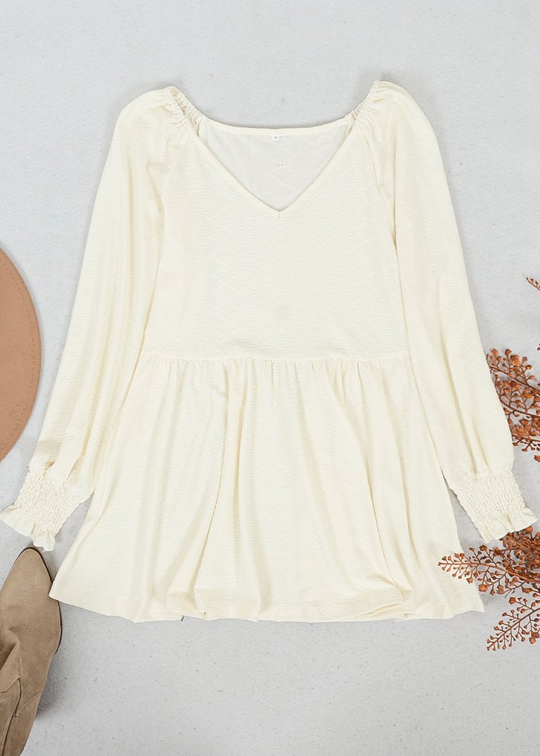 Textured V Neck Long Top - Light Beige