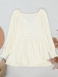 Textured V Neck Long Top - Light Beige