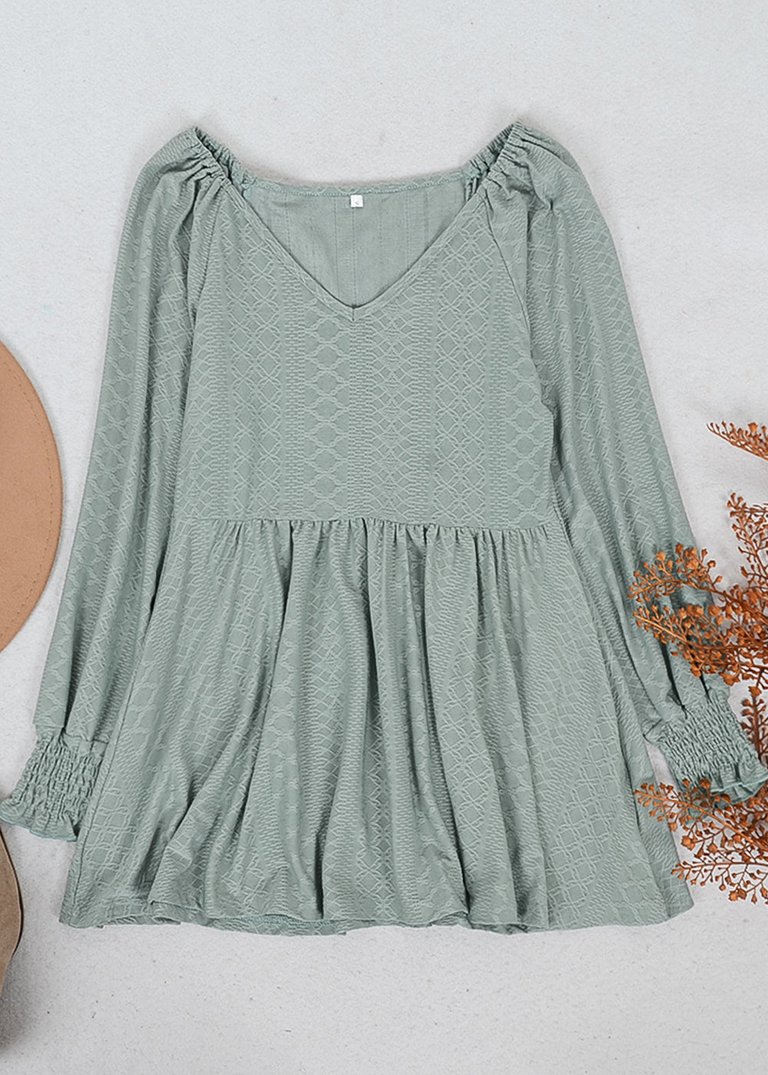 Textured V Neck Long Top - Green