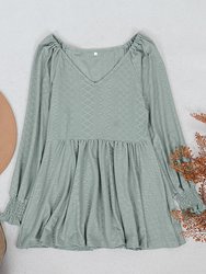 Textured V Neck Long Top - Green