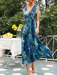 Tie Back Tropical Print Dress - Blue