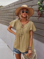 Tie Neck Flowy Sleeve Blouse - Beige