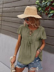 Tie Neck Flowy Sleeve Blouse - Olive Green