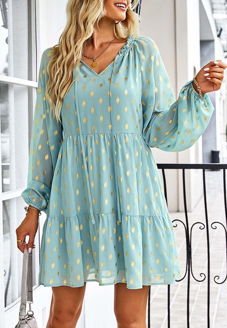 Tie Neck Spotted Dress - Green
