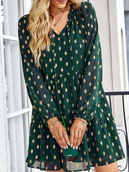 Tie Neck Spotted Dress - Olive Green