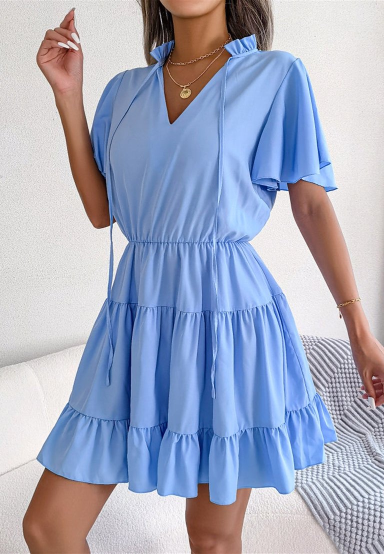 Tie Neck Tiered Dress - Blue