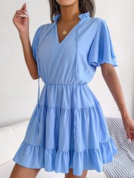 Tie Neck Tiered Dress - Blue