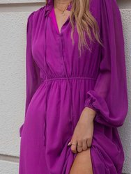 Tie Ruffle Neck Bishop Sleeve Dress - Purple