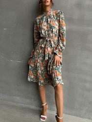 Tie Waist Pleated Floral Dress