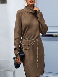 Turtleneck Ribbed Slit Sweater Dress - Brown