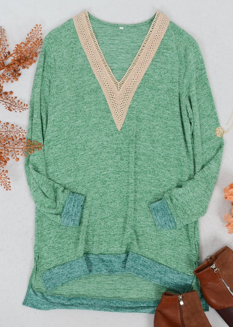 Two Tone Crochet V Neck Sweater - Green