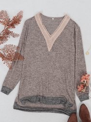 Two Tone Crochet V Neck Sweater - Khaki