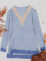 Two Tone Crochet V Neck Sweater - Light Blue
