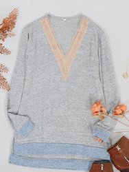 Two Tone Crochet V Neck Sweater - Gray