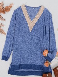 Two Tone Crochet V Neck Sweater - Blue