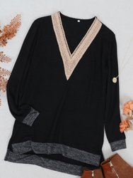 Two Tone Crochet V Neck Sweater - Black