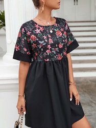 Two Tone Floral Print Dress - Black