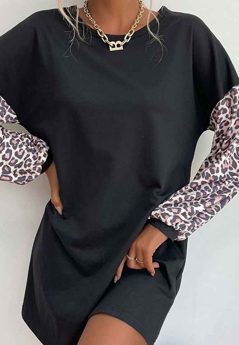 Two Tone Leopard Print Dress - Black