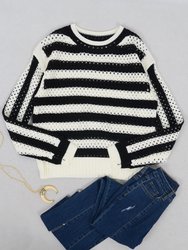 Two Tone Striped Crochet Net Sweater - Black