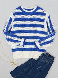 Two Tone Striped Crochet Net Sweater - Blue