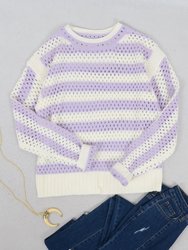 Two Tone Striped Crochet Net Sweater - Purple