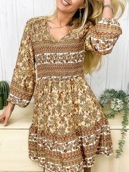 V Neck Bohemian Print Dress - Beige