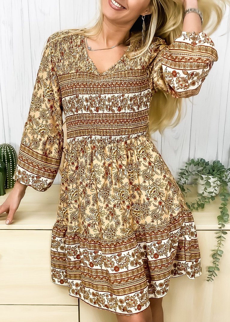 V Neck Bohemian Print Dress - Beige