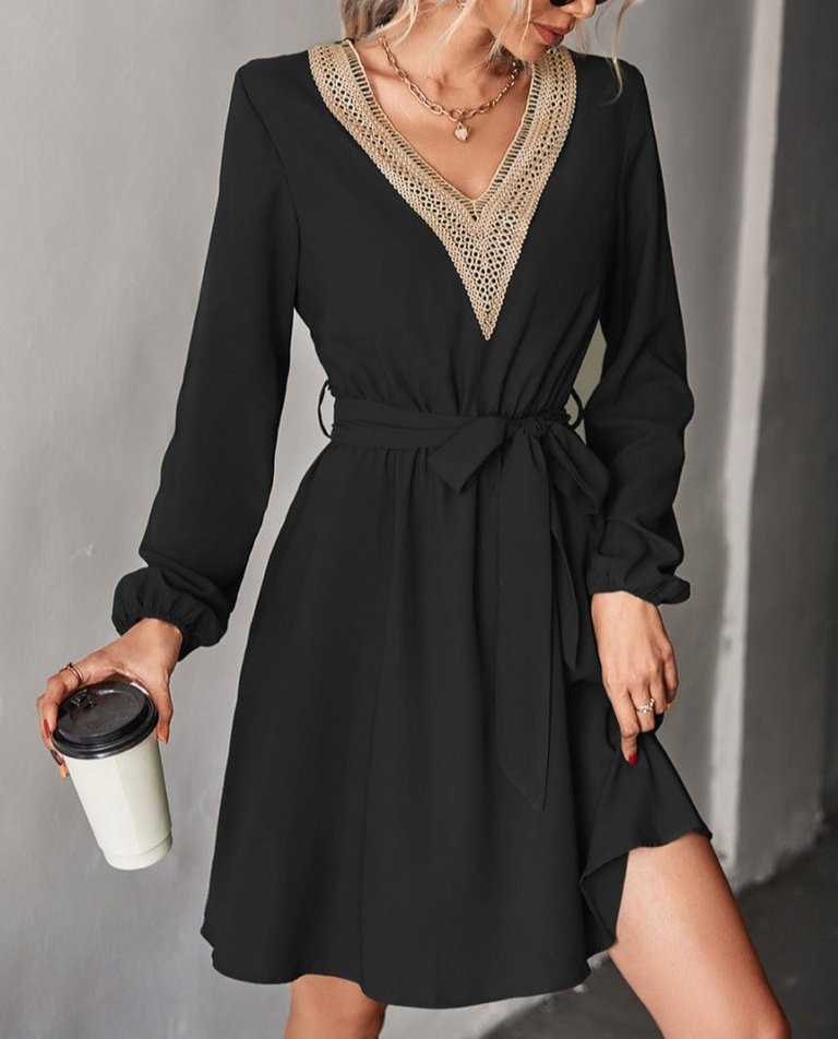 V Neck Crochet Detail Dress - Black