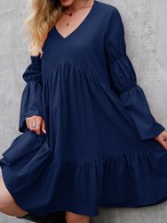 V Neck Marie Sleeves Dress - Navy