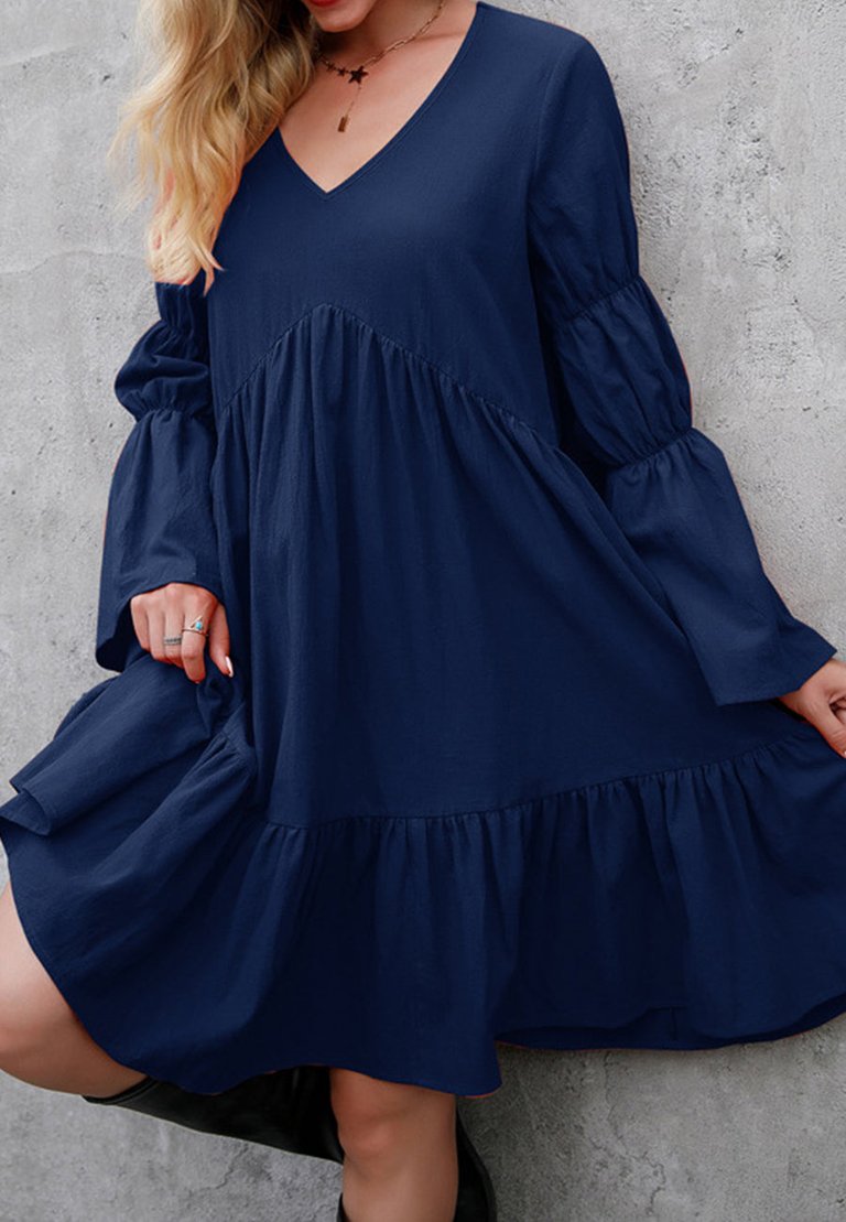 V Neck Marie Sleeves Dress - Navy