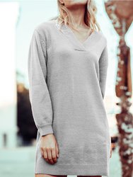 V Neck Oversized Sweater Dress - Gray