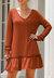 V Neck Ruffle Hem Dress - Orange