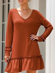 V Neck Ruffle Hem Dress - Orange