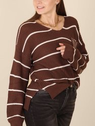 V Neck Striped Patch Pocket Sweater