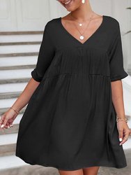 V Neck Tie Back Shift Dress - Black