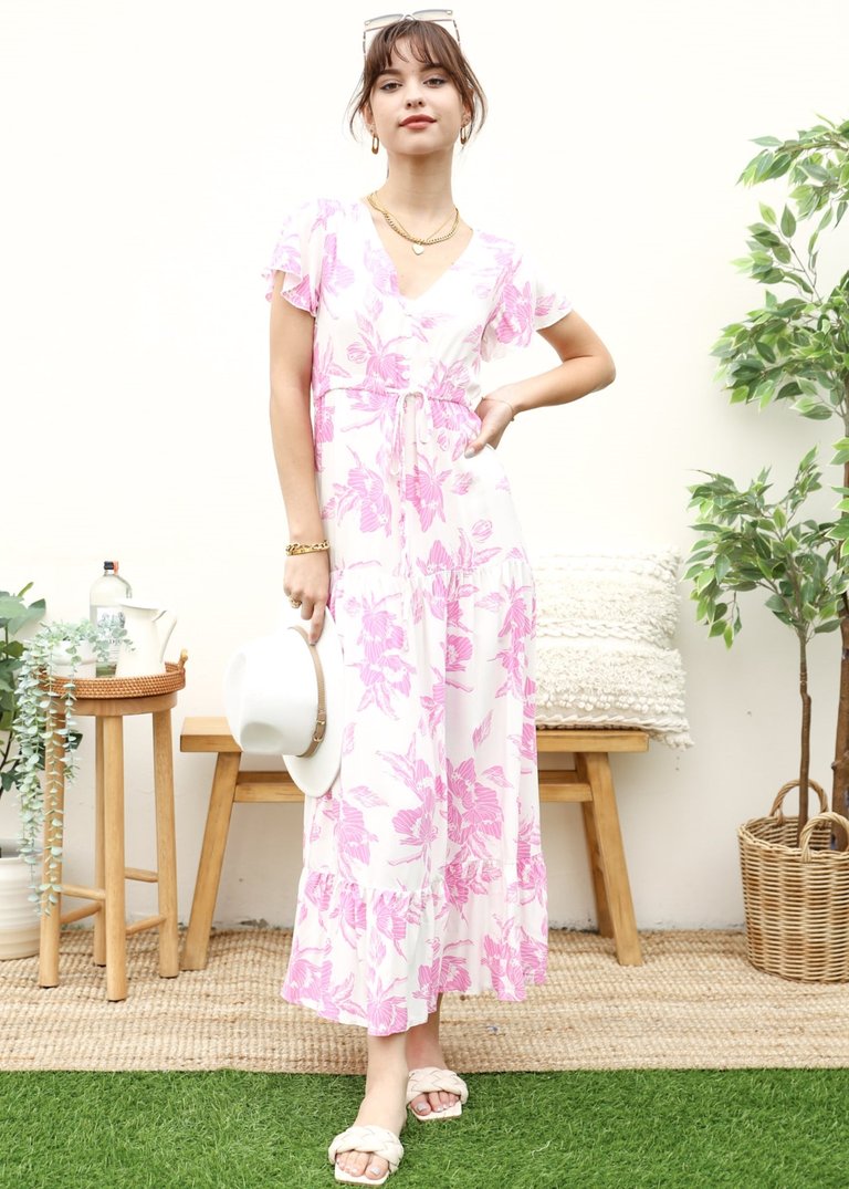 V Neck Tropical Print Maxi Dress