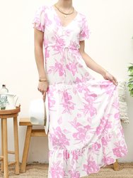 V Neck Tropical Print Maxi Dress - White