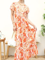 V Neck Tropical Print Maxi Dress - Orange