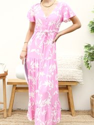 V Neck Tropical Print Maxi Dress - Pink